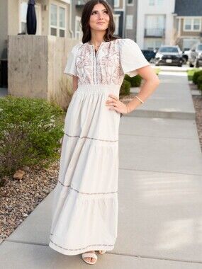 Polagram Cream Maxi Dress with Blush Floral Embroidery